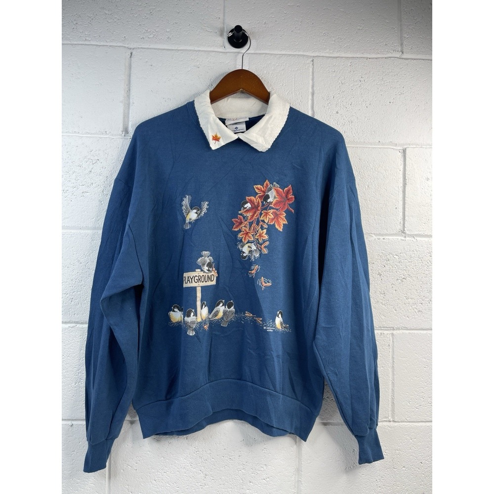 VTG Morning‎ Sun Sweatshirt Women's Size L  Navy USA Double-Sided Birds Leaves